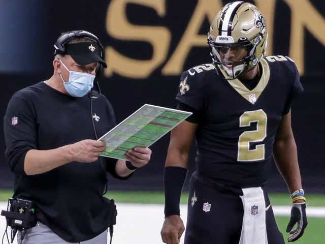New Orleans Saints head coach Sean Payton with quarterback Jameis Winston (2). Credit: USA TODAY